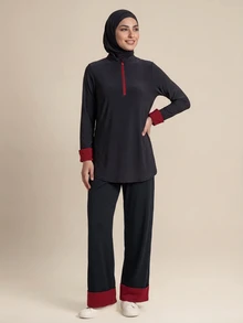 With My Calm With My Calm Athletic Modest Sweatpants, Wide Leg Pants, Training Running Fitness Casual Style, Loose Fit, Color Block Design Gym Dark Red Summer - Black - View 7