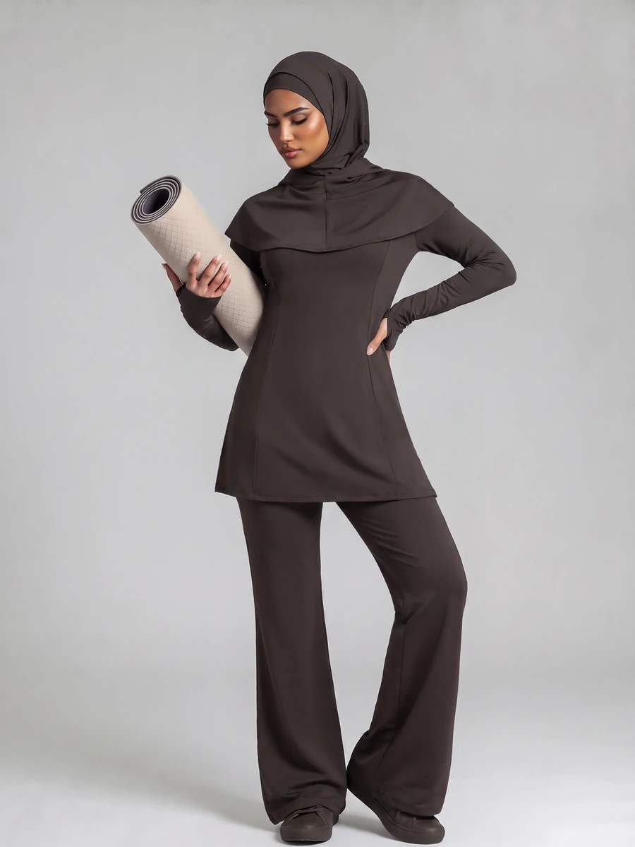 With My Calm With My Calm Women's Casual Vacation Beach Party Outdoor Sports Outfit Solid Color 3-Piece Set New Style - Coffee Brown - View 1