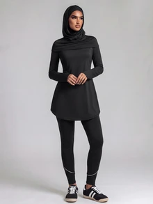SHEIN With My Calm Men Hooded Sports Tee With 2 In 1 Sports Leggings - Black - View 2