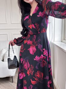 Feyla 女款V領長袖碎花休閒浪漫優雅長洋裝，黑色與紫色，適合秋季晚宴、花園派對、早午餐與晚餐 - 彩色 - 查看 6