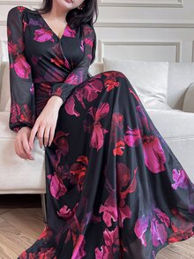Feyla 女款V領長袖碎花休閒浪漫優雅長洋裝，黑色與紫色，適合秋季晚宴、花園派對、早午餐與晚餐 - 彩色 - 查看 7