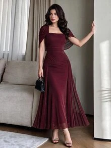 Modelyn Elegant Mesh & Shiny Yarn Strapless Shawl Sleeve Fitted Long Dress For Women, Spring/Autumn - Burgundy - View 1