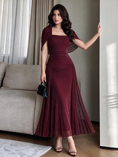 Modelyn Elegant Mesh & Shiny Yarn Strapless Shawl Sleeve Fitted Long Dress For Women, Spring/Autumn