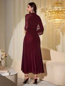 Modelyn Elegant Mesh & Shiny Yarn Strapless Shawl Sleeve Fitted Long Dress For Women, Spring/Autumn - Burgundy - View 2