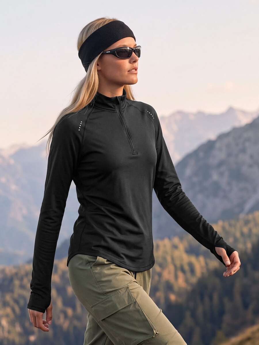 In My Nature Women's Simple Half-Zip Long Sleeve Outdoor T-Shirt - Black - View 1