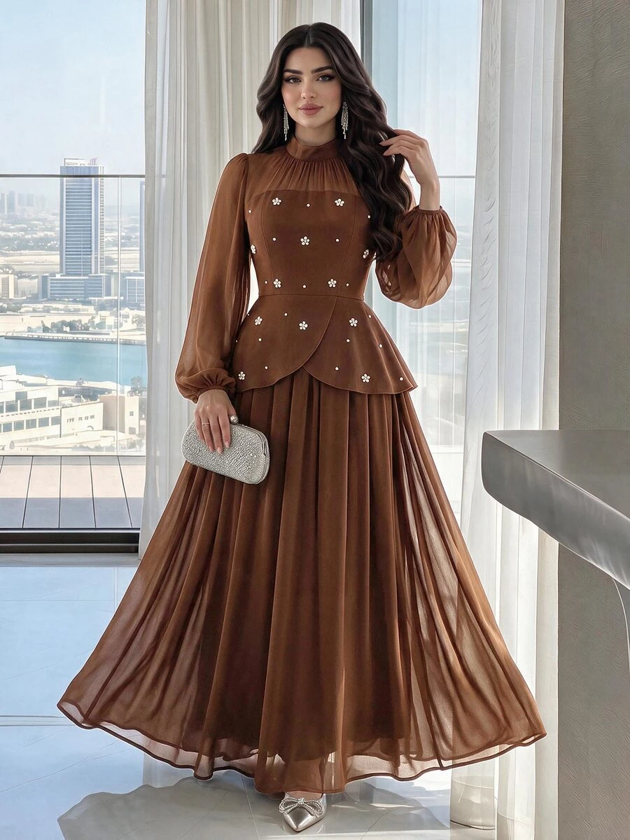 Modelyn 女款素色立領插肩袖優雅洋裝 - 咖啡棕 - 查看 1