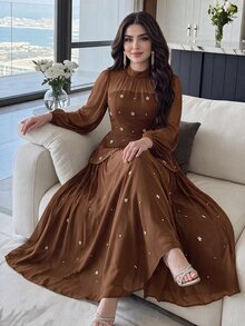 Modelyn 女款素色立領插肩袖優雅洋裝 - 咖啡棕 - 查看 4
