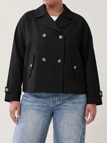 Solavibe 大尺碼女款純色雙排扣時尚極簡風風衣 秋季 - 黑色 - 查看 6