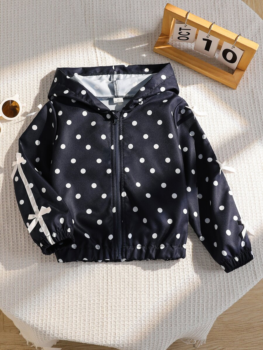 Young Girl Black White Polka Dot Jacket, Sleeves With Ribbon Trim And Bow Decor, Exquisite Fashionable Design, Casual Style For Daily Wear Fall - Navy Blue - View 1