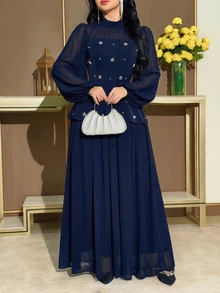 Feyla 女士优雅珍珠装饰长袖连衣裙 - 藏蓝色 - 查看 10