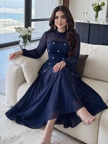 Feyla 女士优雅珍珠装饰长袖连衣裙 - 藏蓝色 - 查看 5