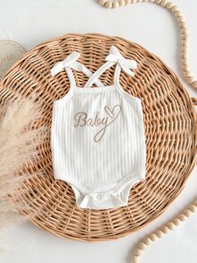 SHEIN Newborn Baby Girls Cute White Elastic Letter Print Knitted Bodysuit, Summer - White - View 2