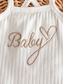 SHEIN Newborn Baby Girls Cute White Elastic Letter Print Knitted Bodysuit, Summer - White - View 6