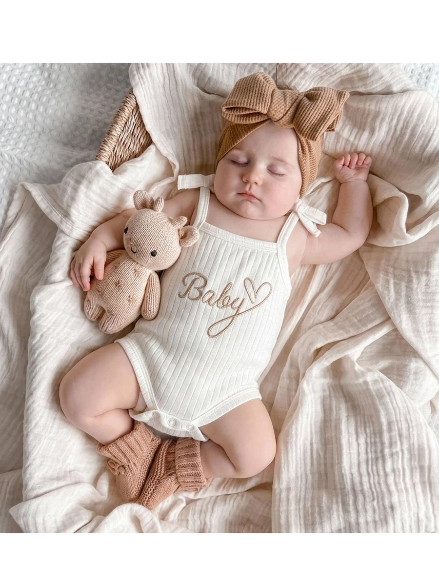 SHEIN Newborn Baby Girls Cute White Elastic Letter Print Knitted Bodysuit, Summer - White - View 1