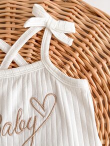SHEIN Newborn Baby Girls Cute White Elastic Letter Print Knitted Bodysuit, Summer - White - View 7