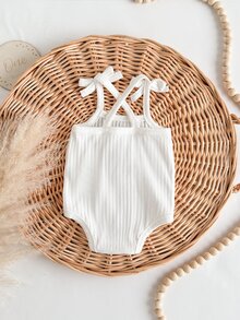 SHEIN Newborn Baby Girls Cute White Elastic Letter Print Knitted Bodysuit, Summer - White - View 3