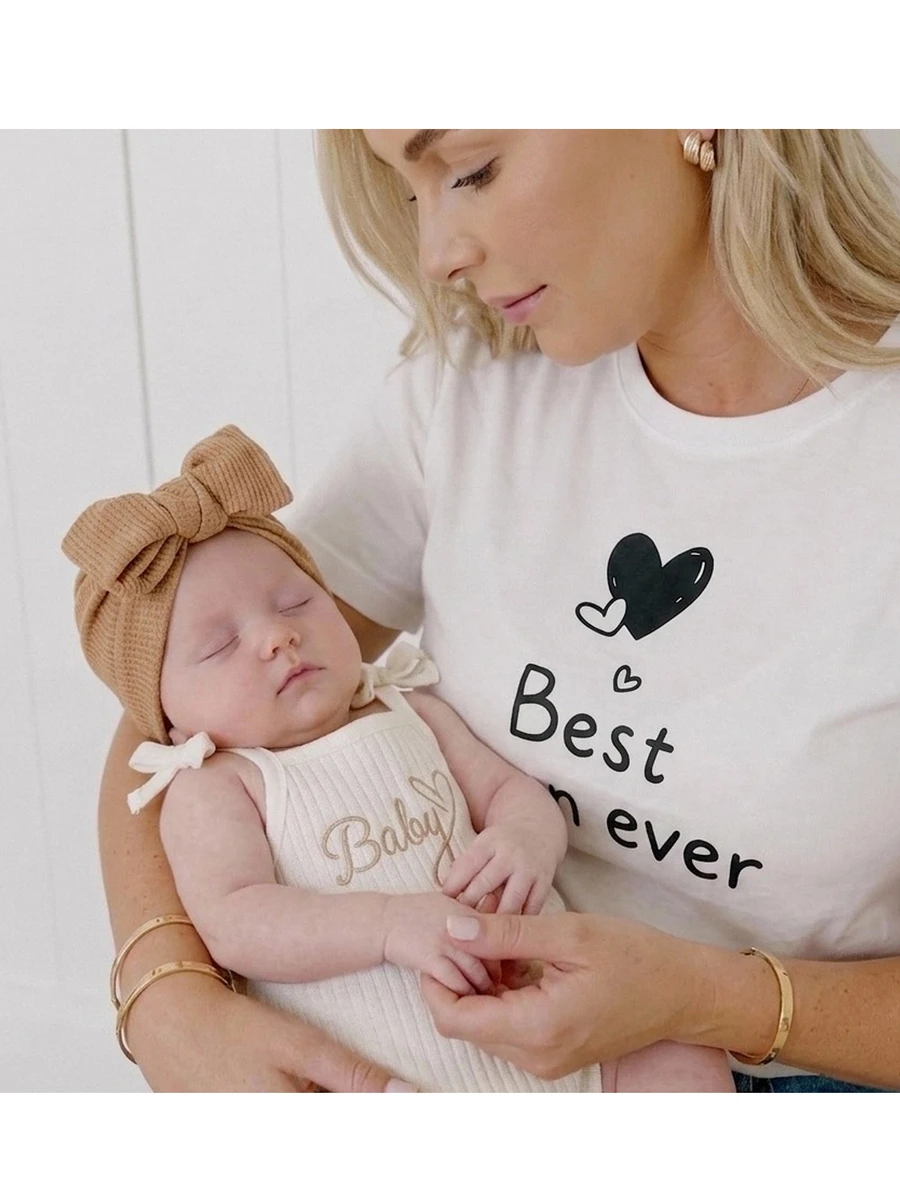 SHEIN Baju Bayi Perempuan Baru Lahir Lucu Warna Putih dengan Motif Huruf Elastis, Cocok untuk Musim Panas - Putih - View 1