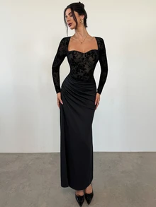 Firerie Black Floral Flocked Square-Neck Long-Sleeve Dress Semi-Formal Women Halloween Dinner Cocktail Fall Elegant - Black - View 6