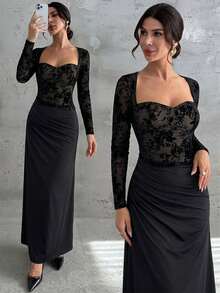 Firerie Black Floral Flocked Square-Neck Long-Sleeve Dress Semi-Formal Women Halloween Dinner Cocktail Fall Elegant - Black - View 3
