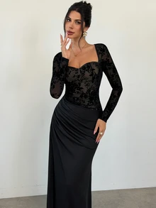 Firerie Black Floral Flocked Square-Neck Long-Sleeve Dress Semi-Formal Women Halloween Dinner Cocktail Fall Elegant - Black - View 4