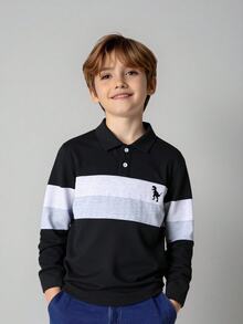 SHEIN Mirajuku 男童對比領長袖 Polo 衫，極簡休閒學院風，2000 年代端莊 80 年代 Drip 時尚校園風，黑白條紋秋季款 - 黑色 - 查看 3