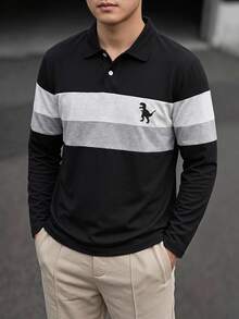 SHEIN Mirajuku 男童對比領長袖 Polo 衫，極簡休閒學院風，2000 年代端莊 80 年代 Drip 時尚校園風，黑白條紋秋季款 - 黑色 - 查看 1