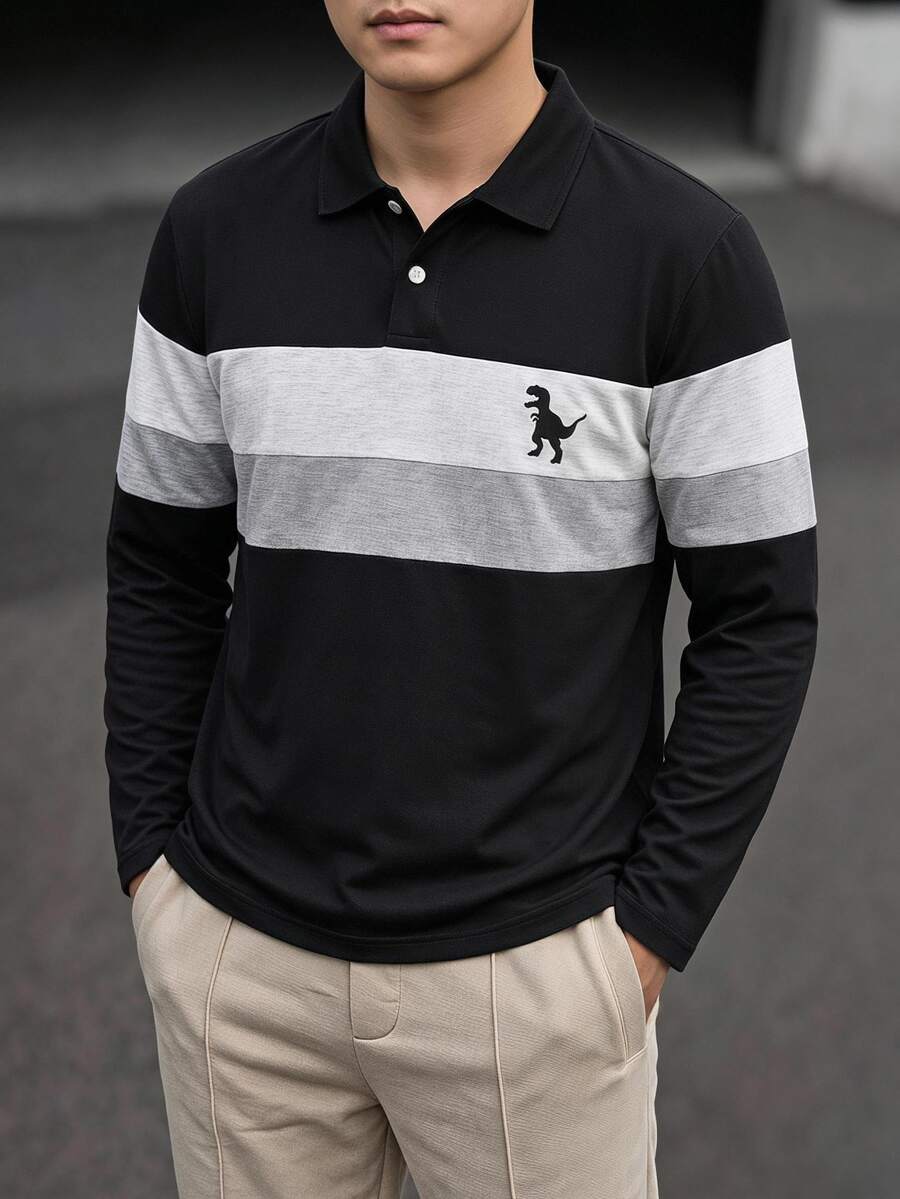 SHEIN Mirajuku 男童對比領長袖 Polo 衫,極簡休閒學院風,2000 年代端莊 80 年代 Drip 時尚校園風,黑白條紋秋季款 - 黑色 - 查看 1