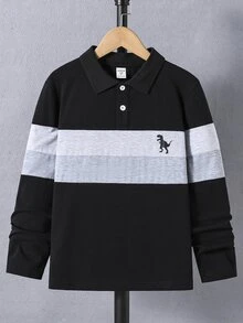SHEIN Mirajuku 男童對比領長袖 Polo 衫，極簡休閒學院風，2000 年代端莊 80 年代 Drip 時尚校園風，黑白條紋秋季款 - 黑色 - 查看 4