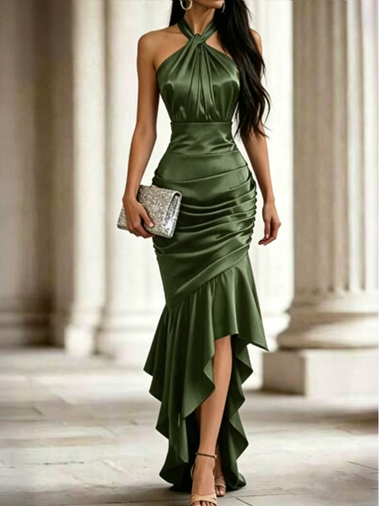 SHEIN Solid Color Draped Ruffle Hem Elegant Sexy Halter Neck Dress Olive Green Party Cocktail Nightclub Twist Collar Wedding Summer - Olive Green - View 1