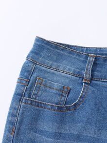 SHEIN Tween Girls' Stretchy Retro Streetwear Cool High Waist Flare Jeans Vintage Wash Denim Trousers DAILY OOTD ITEMS School Holiday Blue Fall - Medium Wash - View 4