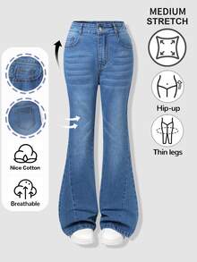 SHEIN Tween Girls' Stretchy Retro Streetwear Cool High Waist Flare Jeans Vintage Wash Denim Trousers DAILY OOTD ITEMS School Holiday Blue Fall - Medium Wash - View 1
