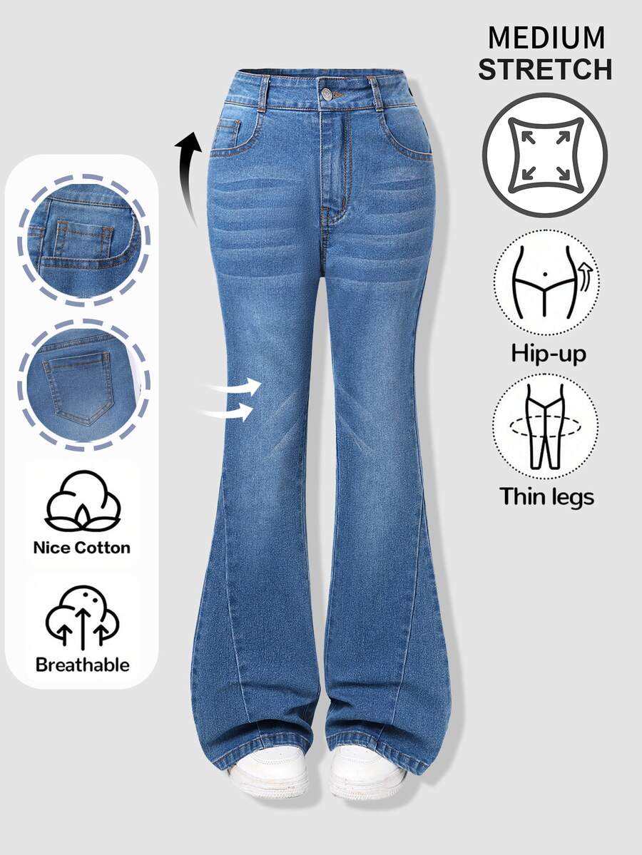 SHEIN Tween Girls' Stretchy Retro Streetwear Cool High Waist Flare Jeans Vintage Wash Denim Trousers DAILY OOTD ITEMS School Holiday Blue Fall - Medium Wash - View 1