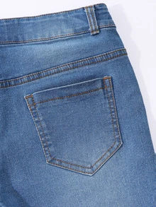 SHEIN Tween Girls' Stretchy Retro Streetwear Cool High Waist Flare Jeans Vintage Wash Denim Trousers DAILY OOTD ITEMS School Holiday Blue Fall - Medium Wash - View 5