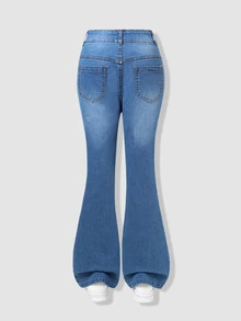 SHEIN Tween Girls' Stretchy Retro Streetwear Cool High Waist Flare Jeans Vintage Wash Denim Trousers DAILY OOTD ITEMS School Holiday Blue Fall - Medium Wash - View 2