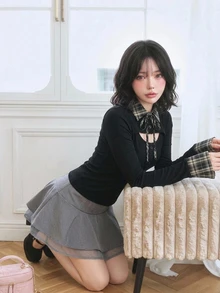 FRIFUL 女款掛脖格紋布料拼接泡泡短袖收腰鈕扣裝飾甜辣風夏季T恤 - 黑色 - 查看 3