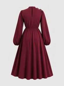SHEIN Tween女孩豹紋童裝長袖休閒Downtown Girl風優雅洋裝，立領燈籠袖A字裙，通勤開學秋季派對穿搭 - 紅色 - 查看 7