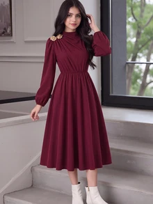 SHEIN Tween女孩豹紋童裝長袖休閒Downtown Girl風優雅洋裝，立領燈籠袖A字裙，通勤開學秋季派對穿搭 - 紅色 - 查看 9