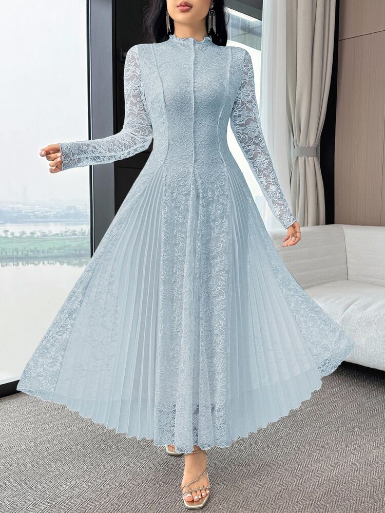 Feyla Women's Floral Lace Frill Trim Stand Collar Long Sleeve Elegant Dress - Blue - View 4