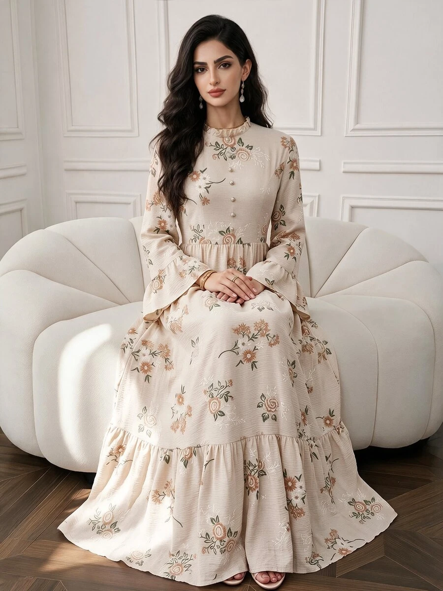 Al Najma Women's Floral Pattern Bell Sleeve Elegant Arabian Dress - Multicolor - View 1