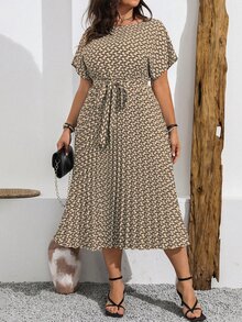 Vionelle Plus Size Boho Summer Casual Allover Print Batwing Sleeve Dress With Pleated Hem Women Outfit - Khaki - View 3