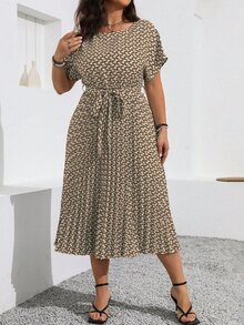 Vionelle Plus Size Boho Summer Casual Allover Print Batwing Sleeve Dress With Pleated Hem Women Outfit - Khaki - View 7