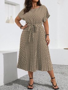 Vionelle Plus Size Boho Summer Casual Allover Print Batwing Sleeve Dress With Pleated Hem Women Outfit - Khaki - View 8