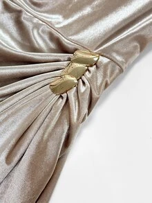 RosyDaze Women's Fashion Cowl Neck Puff Shoulder Long Sleeve Side Metal Buckle Ruched Slit Bodycon Dress, Suitable For Evening Party, Gathering, Date Wear Gray - Champagne - View 7