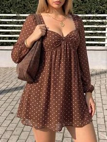 GalTyme 大尺碼女款波點百褶休閒日常夏季連身裙 秋季 - 咖啡棕 - 查看 3