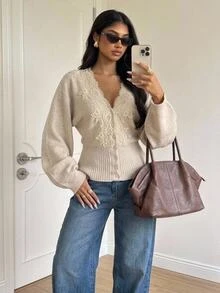 SHEIN Tall Women's New Autumn Lace Patchwork V-Neck Cinched Waist Cardigan - Apricot - View 1