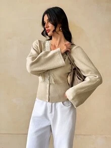 SHEIN Tall Women's New Autumn Lace Patchwork V-Neck Cinched Waist Cardigan - Apricot - View 7