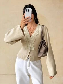 SHEIN Tall Women's New Autumn Lace Patchwork V-Neck Cinched Waist Cardigan - Apricot - View 5