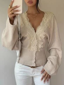 SHEIN Tall Women's New Autumn Lace Patchwork V-Neck Cinched Waist Cardigan - Apricot - View 6