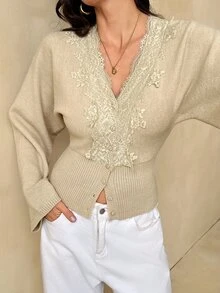 SHEIN Tall Women's New Autumn Lace Patchwork V-Neck Cinched Waist Cardigan - Apricot - View 10