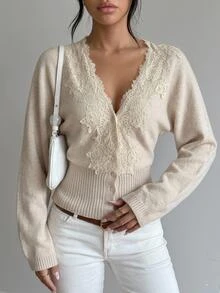 SHEIN Tall Women's New Autumn Lace Patchwork V-Neck Cinched Waist Cardigan - Apricot - View 4